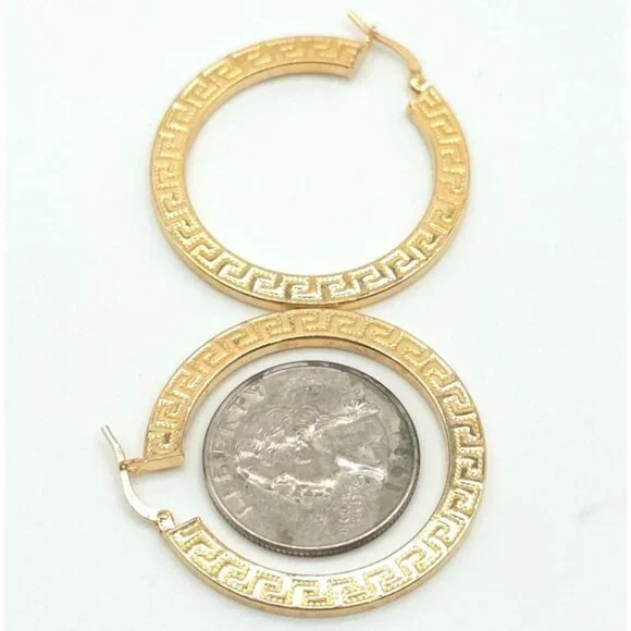 18K Gold-Plated Hoop Earrings With Greek Key Design Lightweight Elegant - Picture 5 of 5